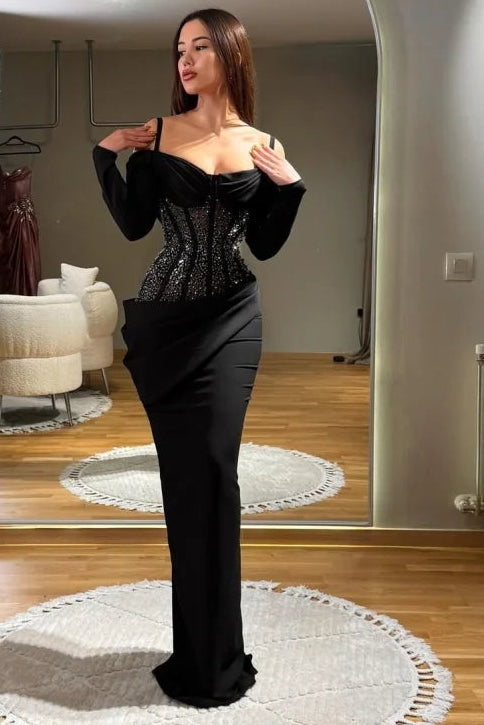 Black Long Sleeves Spaghetti-Straps Rhinestones Beaded Prom Dress