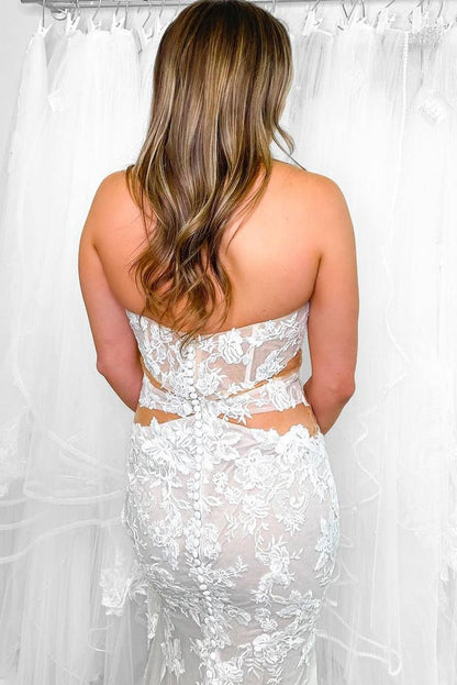 Sweetheart Sleeveless Allover Lace Applique Tulle Sweep Train Mermaid Wedding Dress