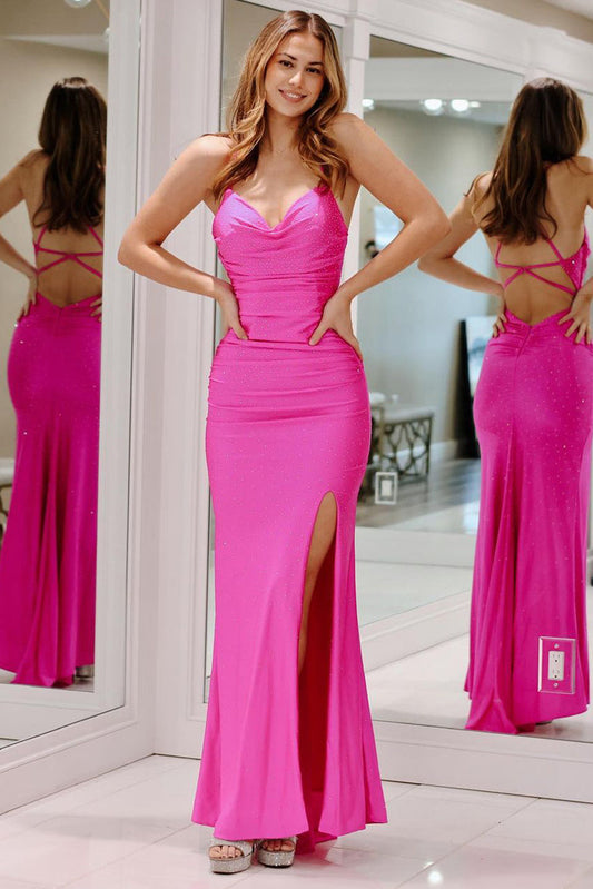 Fuchsia Cowl Neck Satin Mermaid Long Prom Dress