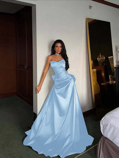 Black Satin Sweetheart Strapless Sleeveless Long A-Line Prom Dress With Pleated