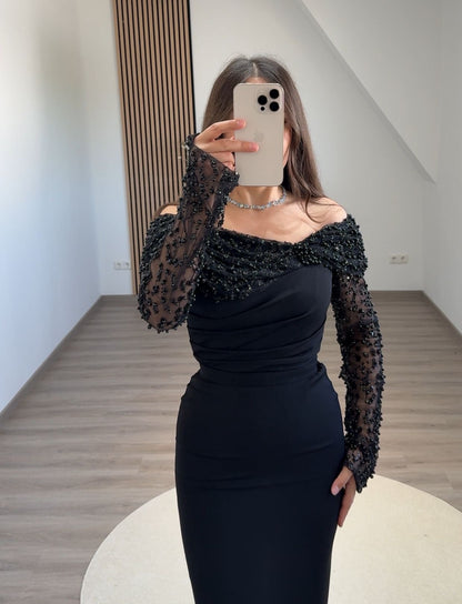 Long Sleeves Off-Shoulder Ruched Evening Dress