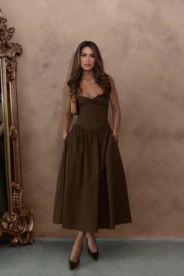 Fashion Brown Spaghetti-Straps Ankle Length Prom Dress