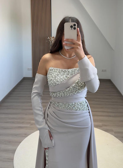 Simple Long Sleeves Off-Shoulder Appliques Evening Dress