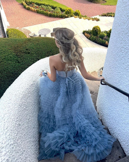 A-Line Sweetheart Tiered Ruffled Tulle Long Prom Dress