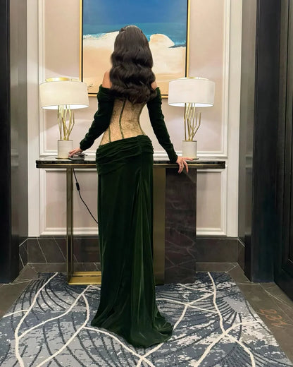 Noble Dark Green Off-The-Shoulder Long Sleeveless Evening Dress