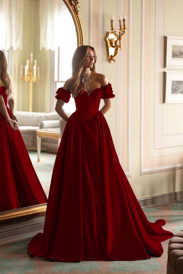 Short Sleeves Long A-Line Prom Dress With Embroidered And Pleated