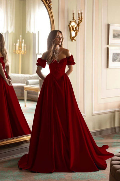 Short Sleeves Long A-Line Prom Dress With Embroidered And Pleated