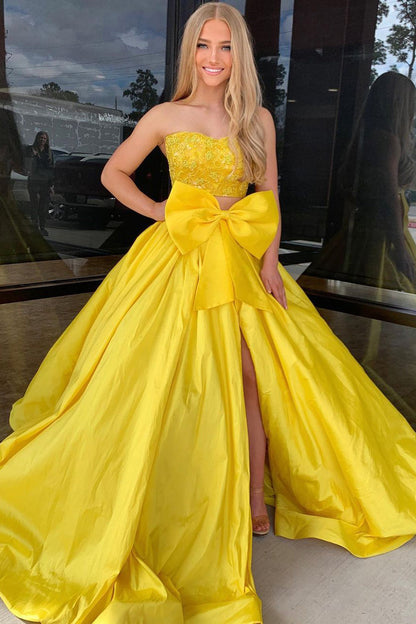 Two Piece Strapless Yellow Satin Long Prom Dress
