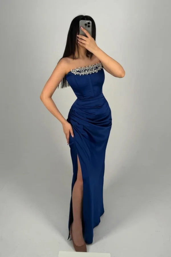 Royal Blue Beaded Strapless Gorgeous Split Prom Dress