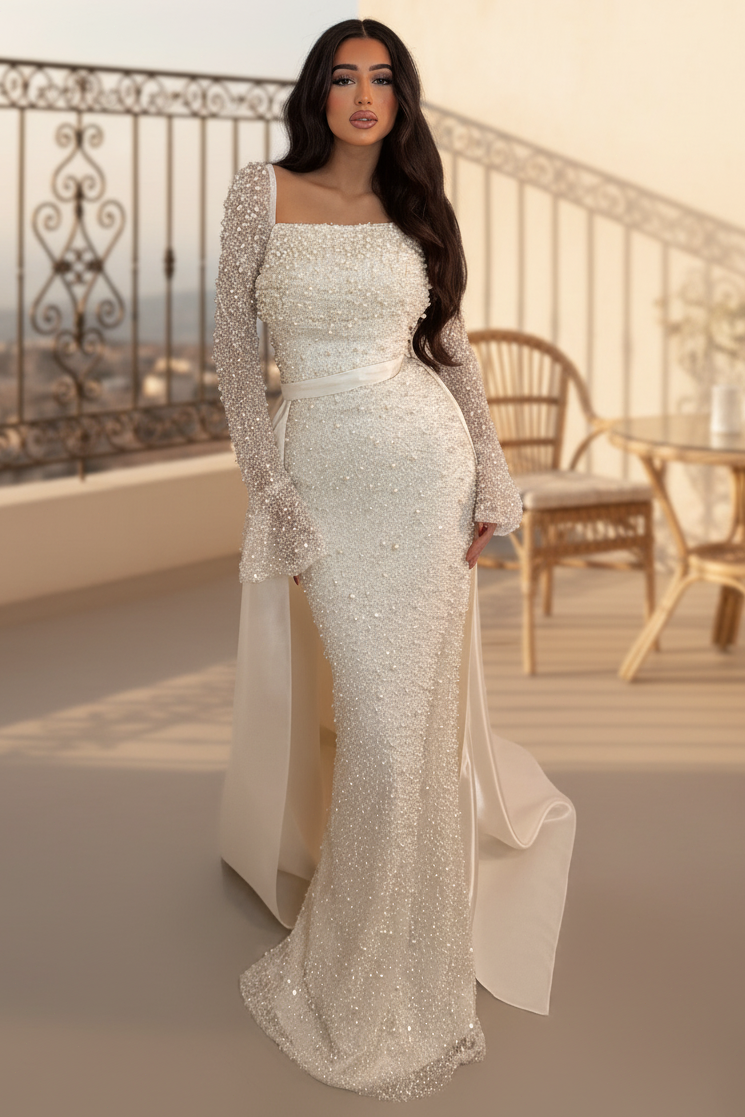 Off White Square Neck Bell Sleeves Beading Formal Gown with Train