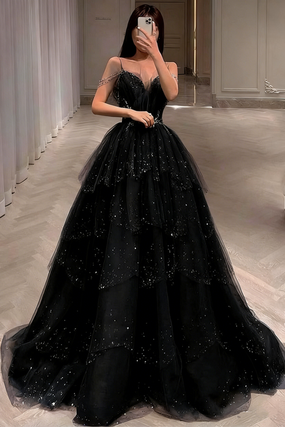 Gorgeous Blue Sparkly Tulle Beaded Prom Dress