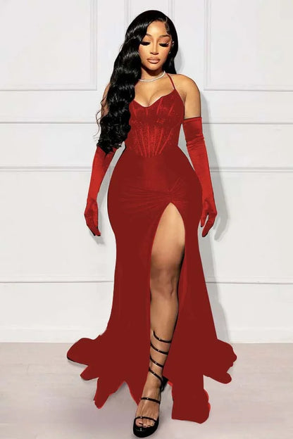 Black Mermaid Split Prom Dress With Long Gloves