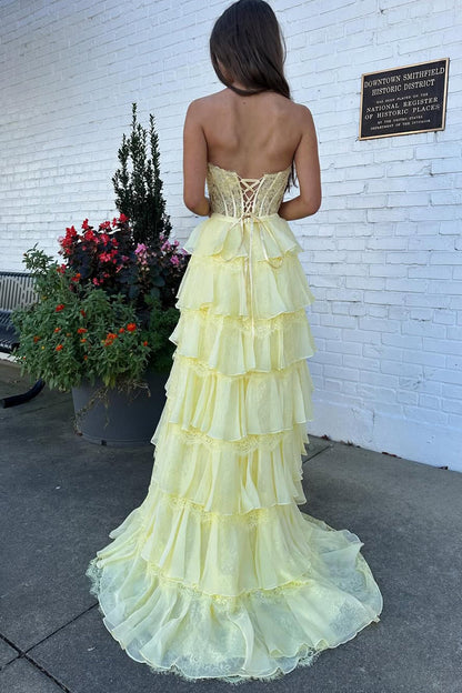 A Line Sweetheart Daffodil Chiffon Tiered Prom Dress with Lace