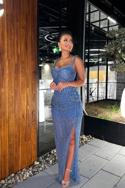 Blue Fashion Split Prom Dress