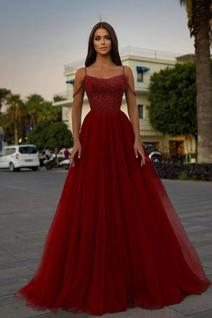 Tulle A-Line Long Spaghetti-Straps Prom Dress With Sequins Beads