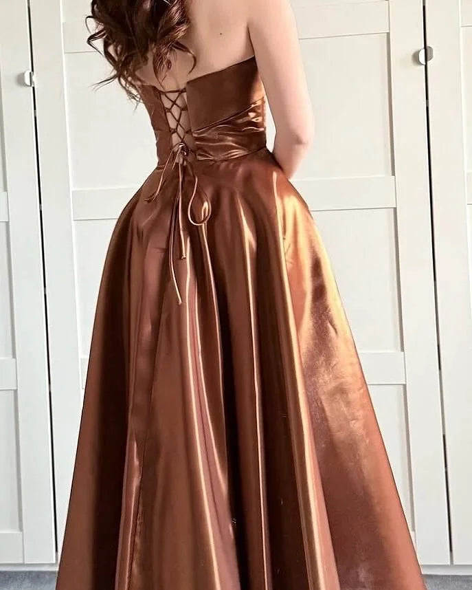 Brown Strapless Lace-up Prom Dress ZT0686