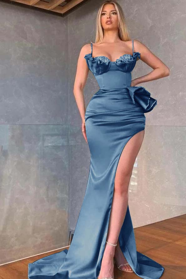 Spaghetti Straps Sleeveless Long Mermaid Prom Dress With Pleated