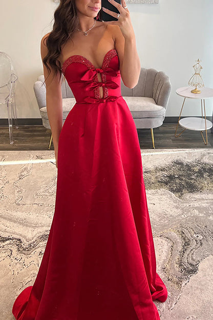 A-Line Sweetheart Keyholes Red Satin Long Prom Dress