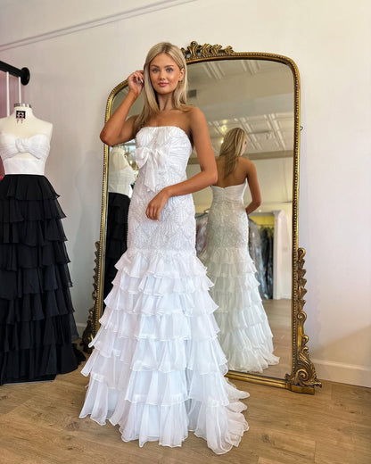 Stunning Strapless Prom Dress Mermaid Ruffles Beading with Bow