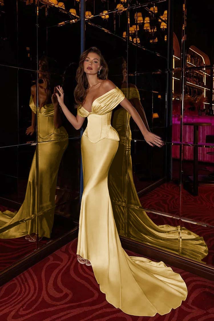 Off the Shoulder Sleeveless Long Mermaid Evening Formal Dress With Pleated