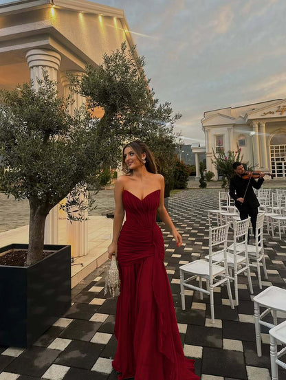 Strapless V Neck Sleeveless Long Prom Dress With Pleated Ruffle