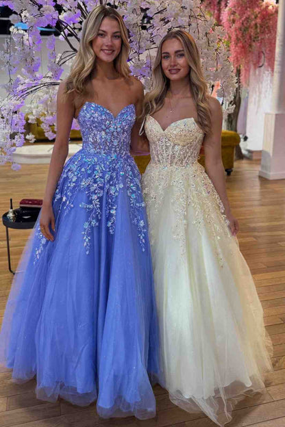 Lavender A-Line Strapless Tulle Appliques Long Prom Dress