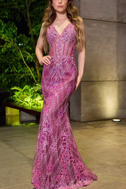 Stunning Purple V Neck Spaghetti Straps Appliques Mermaid Long Prom Dress