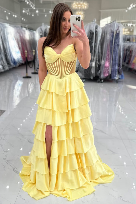 Cute A Line Sweetheart Yellow Satin Long Prom Dress