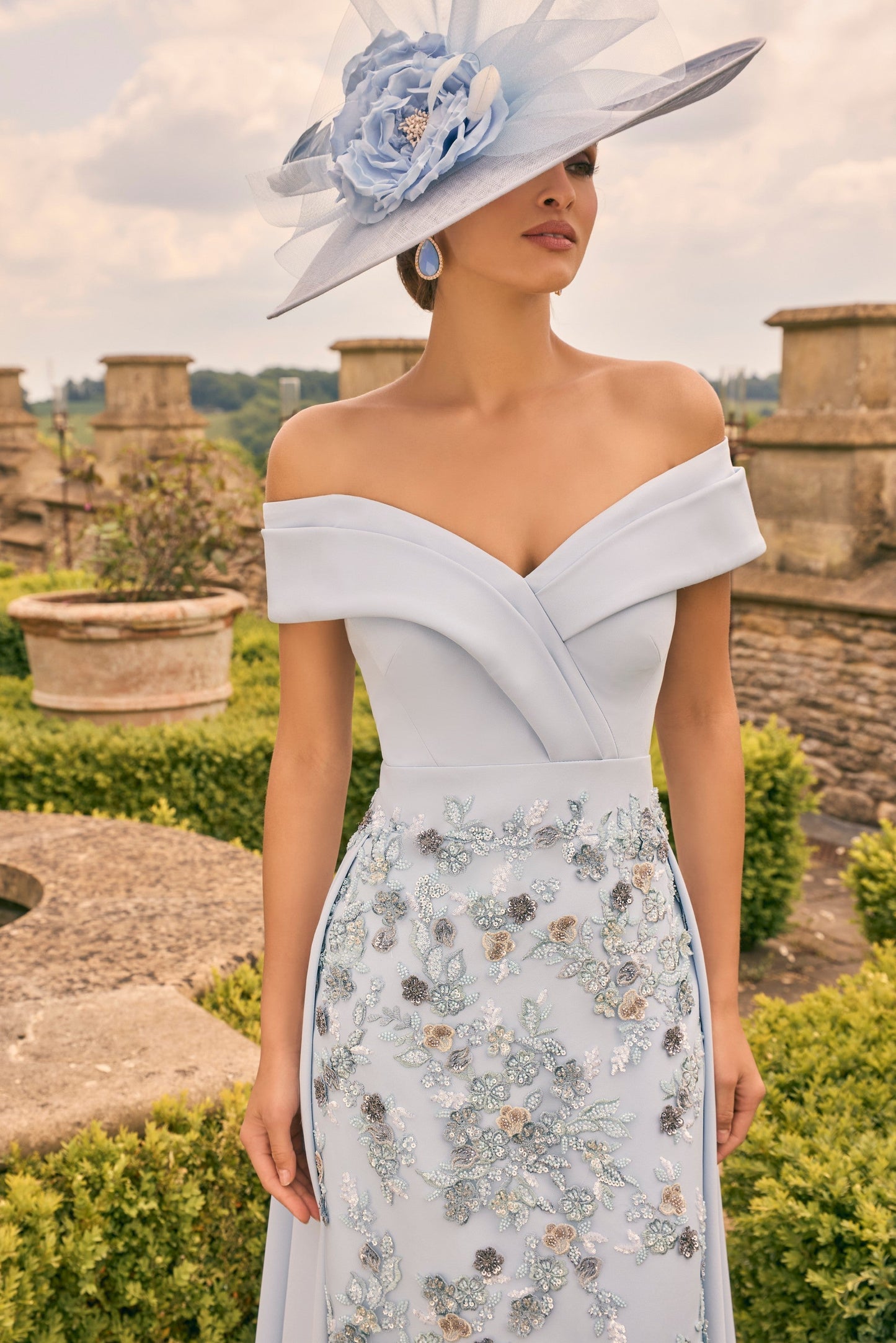 Blue Off Shoulder Embroidery Ankle Length Mother of the Bride Dress