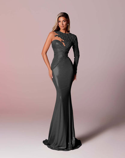 Hidais Asymmetric Neckline Single-Sided Long Sleeve Long Mermaid Prom Dress
