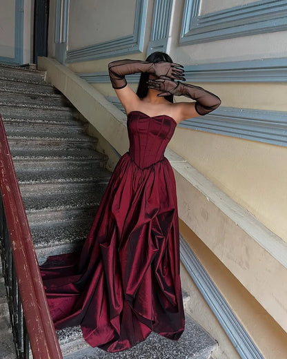 Glamorous Strapless Burgundy A-Line  Prom Dress With Gloves