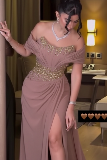 Green Off Shoulder Beaded Ruched Sheath Formal Evening Gown