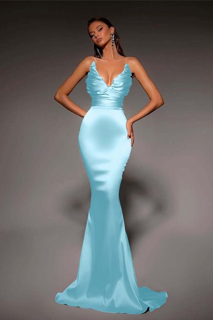Strapless V Neck Sleeveless Long Mermaid Prom Dress With Pleated