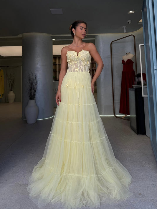 Tulle Strapless Sweetheart Sleeveless Long Prom Dress With Pleated