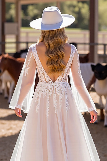 V-Neck Long Sleeves Tulle A-Line Bridal Dress With Appliques