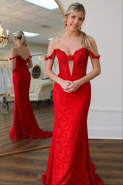 Mermaid Off the Shoulder Red Lace Long Prom Dress