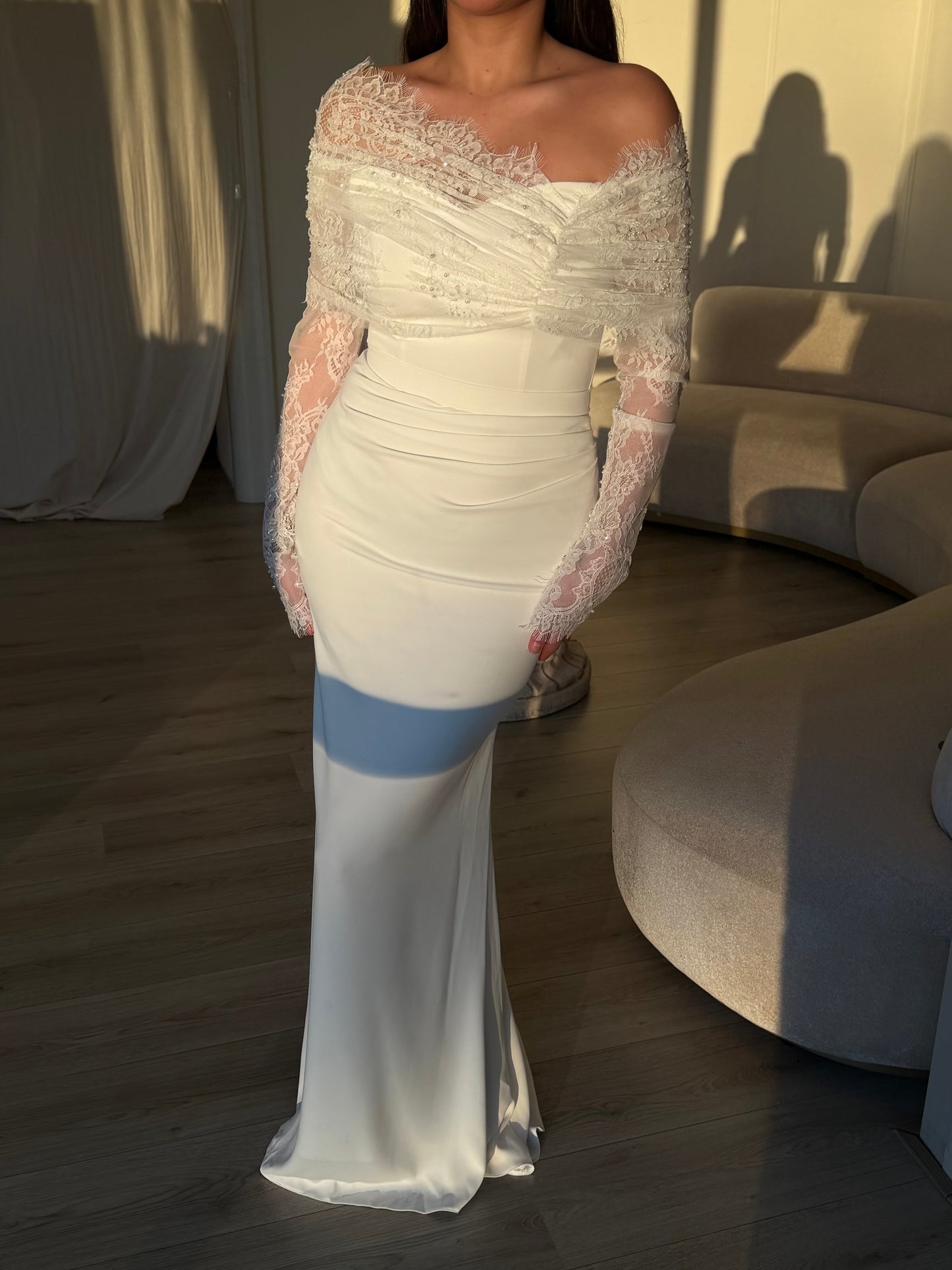Asymmetrical Neck Long Sleeves Back Zipper Wedding Dress