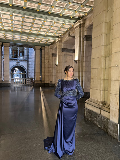 Navy Bateau Neck Long Sleeves Beaded Ruched Evening Formal Dress