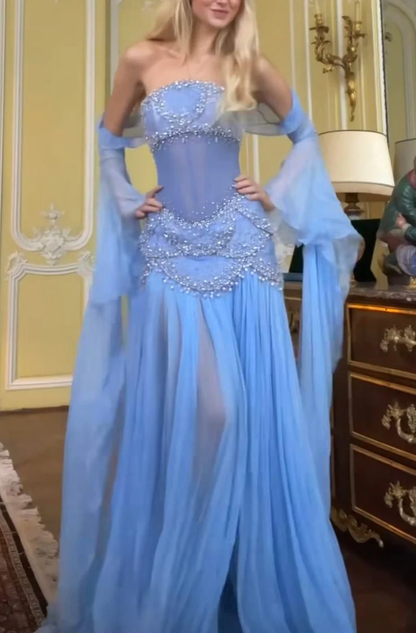 Sexy A Line Off The Shoulder Maxi Long Party Light Blue Chiffon Prom Dress