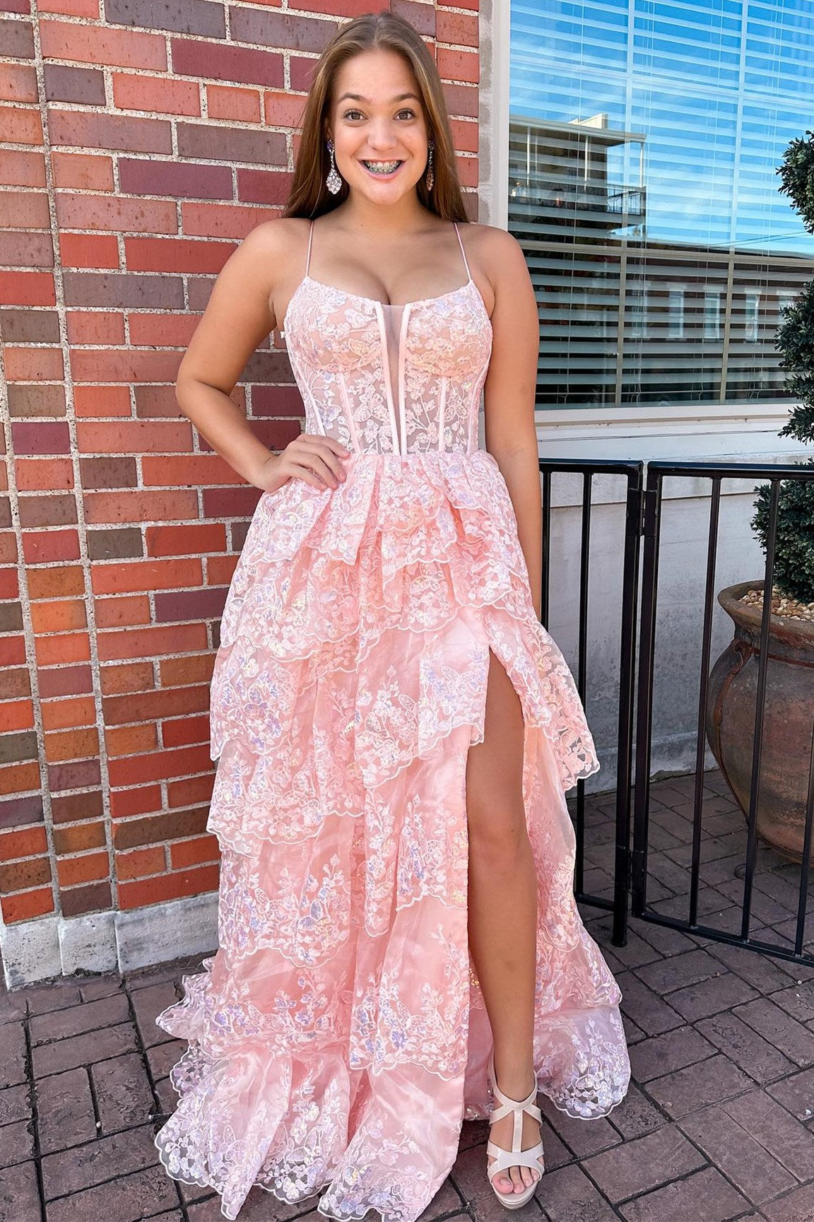 A-Line Tulle Sequin Spaghetti Strap Ruffle Tiered Long Gown with Slit