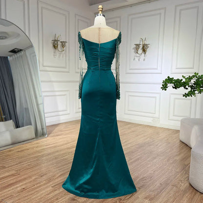 Luxury Dubai Green Mermaid Lace Beaded Satin Evening Dresses Formal Gowns