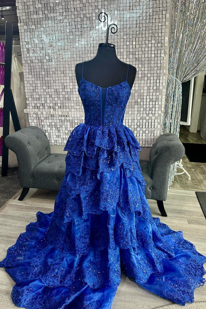 A-Line Tulle Sequin Spaghetti Strap Ruffle Tiered Long Gown with Slit