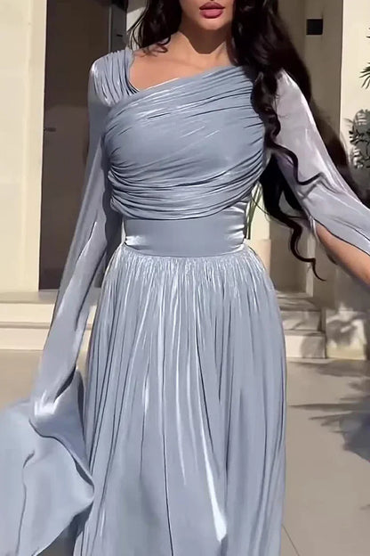 Ruched Irregular Neck Slit Long Sleeve Lace Up Cinch Waist Party Maxi Dresses