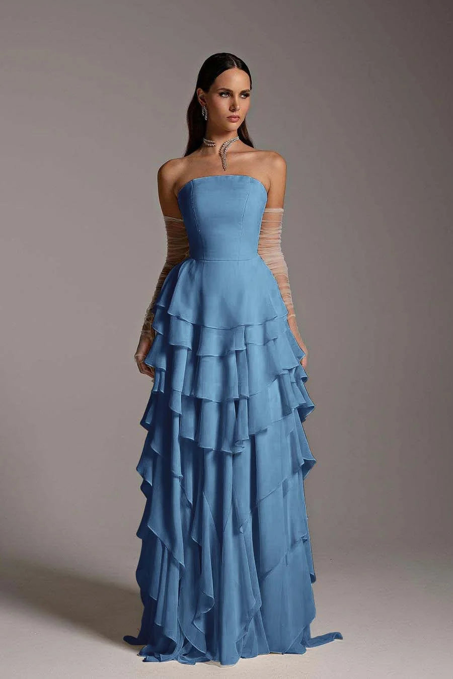 Chiffon Strapless Ruffles Elegant Prom Dress With Tulle Gloves