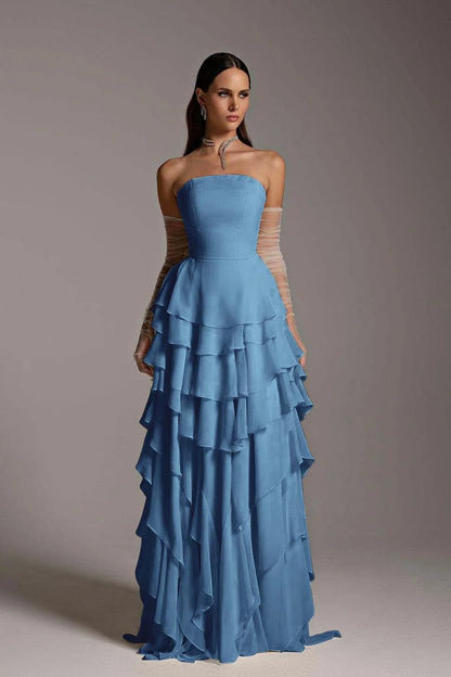 Chiffon Strapless Ruffles Elegant Prom Dress With Tulle Gloves
