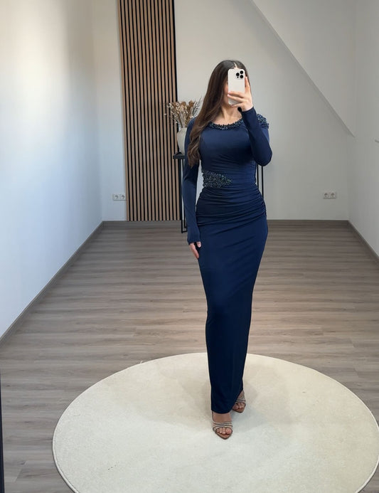 Elegant Long Sleeves Scoop Empire-Waist Pearls Satin Formal Dress