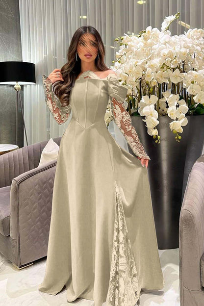 Off the Shoulder Long Sleeves Long Prom Dress With Appliques
