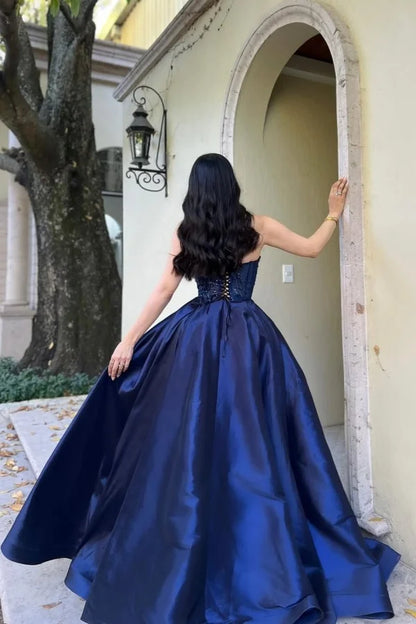 Dark Blue Split Sweetheart Sequins Prom Dress