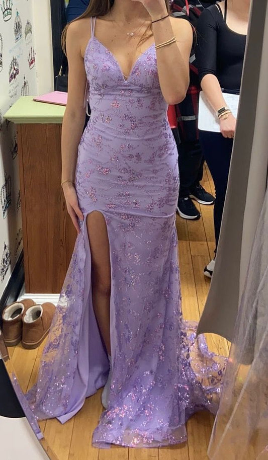 Glitter Mermaid Spaghetti Straps Lilac Open Backs Long Prom Dress