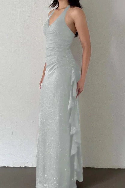 Charming V-Neck Halter Burgundy Ruffles Prom Dress ZT0740